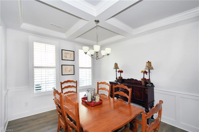 dining space featuring dark wood-style floors, visible vents, coffered ceiling, and beam ceiling