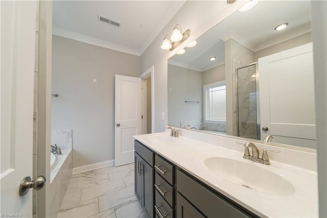 bathroom with independent shower and bath, vanity, and ornamental molding