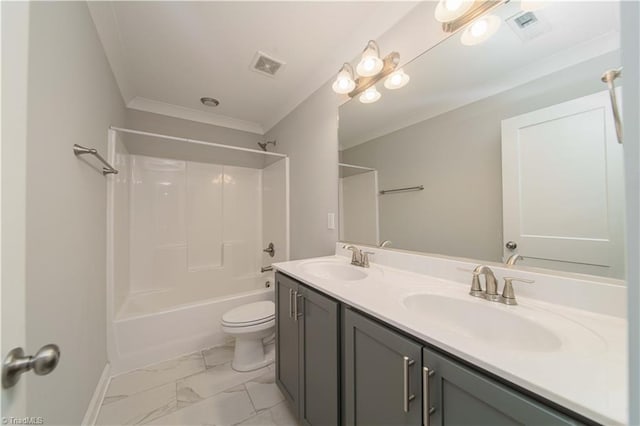 full bathroom featuring vanity, bathtub / shower combination, and toilet