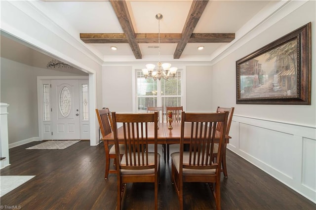 dining space featuring dark hardwood / wood-style floors, coffered ceiling, beam ceiling, and a notable chandelier