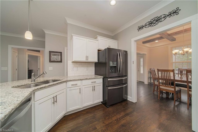 kitchen with tasteful backsplash, white cabinetry, sink, stainless steel dishwasher, and black refrigerator with ice dispenser