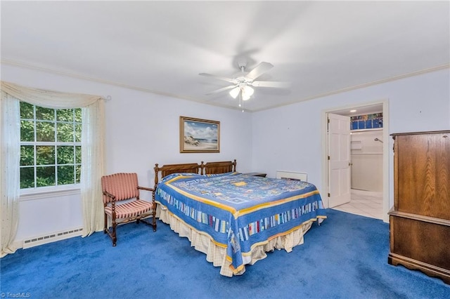 bedroom featuring carpet floors, a baseboard radiator, a ceiling fan, and ornamental molding