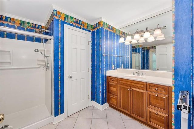 full bath with crown molding, a shower stall, and wallpapered walls
