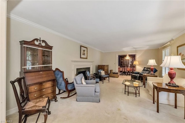 living room with crown molding, carpet, and a fireplace