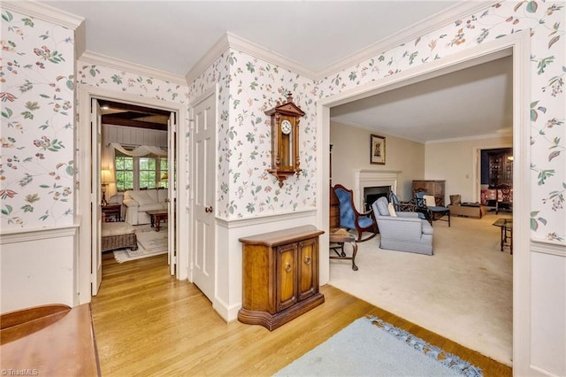 hall featuring crown molding, a wainscoted wall, wallpapered walls, and light wood-style flooring