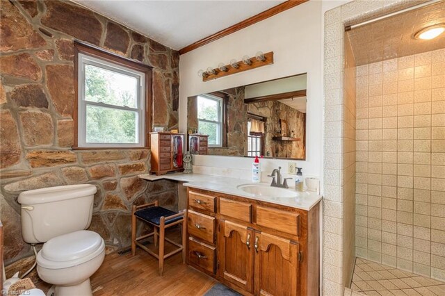 bathroom featuring walk in shower, toilet, wood-type flooring, vanity, and ornamental molding