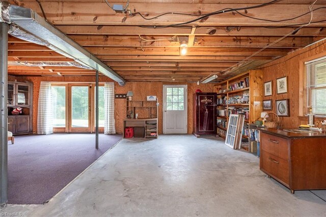 basement featuring wood walls