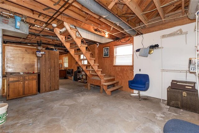 basement with wood walls