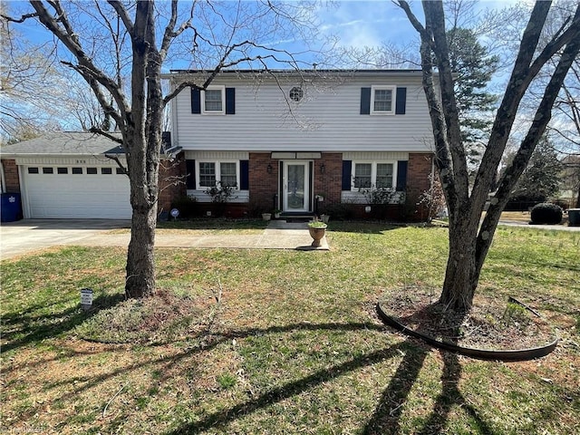 157 Peace Haven Rd N, Winston-Salem, NC 27104 - colonial house with a garage, concrete driveway, a front yard, and brick siding