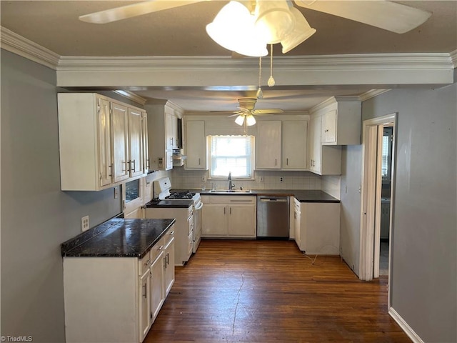 157 Peace Haven Rd N, Winston-Salem, NC 27104 - kitchen with white gas range oven, stainless steel dishwasher, ceiling fan, dark countertops, and a sink