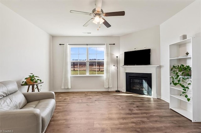 living room with ceiling fan and wood-type flooring