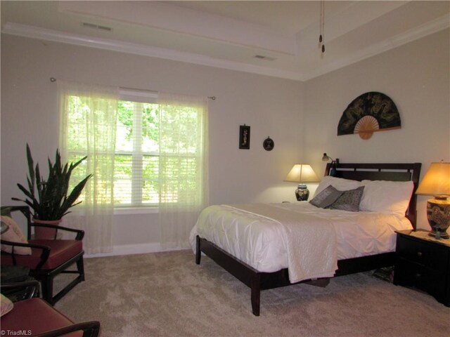 bedroom featuring a raised ceiling, multiple windows, carpet floors, crown molding, and baseboards