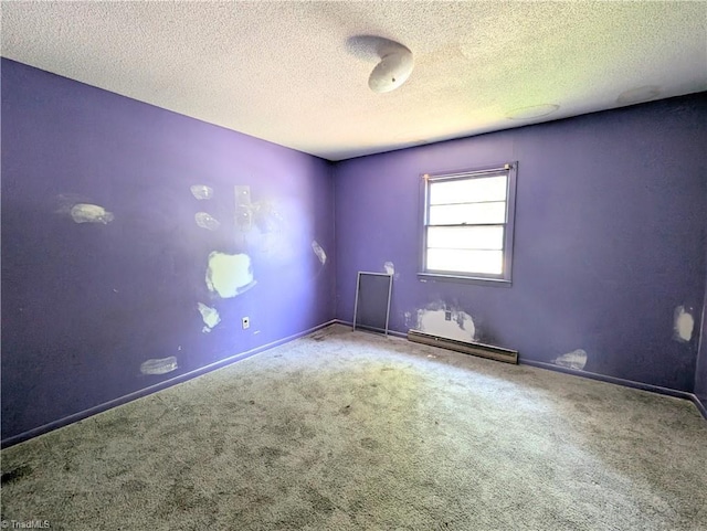 unfurnished room featuring carpet floors, a textured ceiling, baseboards, and a baseboard radiator