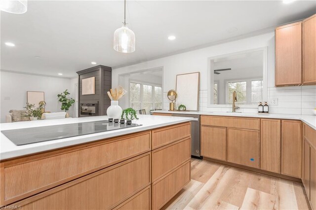 kitchen with light brown cabinetry, sink, decorative backsplash, black electric cooktop, and light hardwood / wood-style flooring