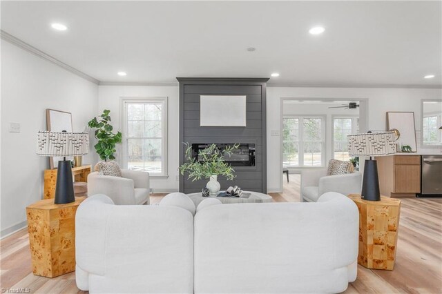 living room featuring ornamental molding, a healthy amount of sunlight, a fireplace, and light hardwood / wood-style floors