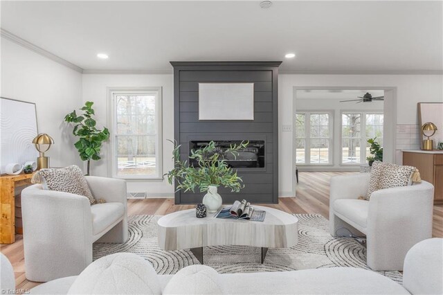 living room featuring plenty of natural light, a fireplace, and light wood-type flooring