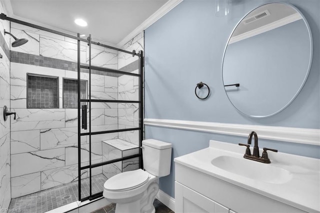 bathroom with walk in shower, ornamental molding, vanity, and toilet