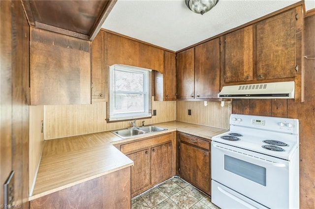 kitchen featuring sink, ventilation hood, and white electric stove