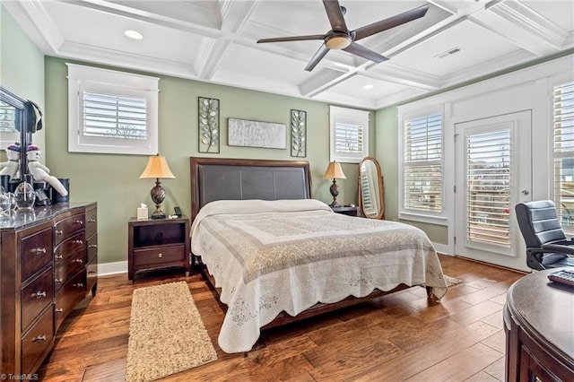 bedroom featuring beam ceiling, coffered ceiling, access to outside, and light wood-type flooring