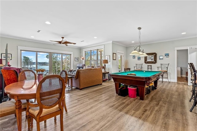 game room with crown molding, pool table, ceiling fan, and light hardwood / wood-style floors