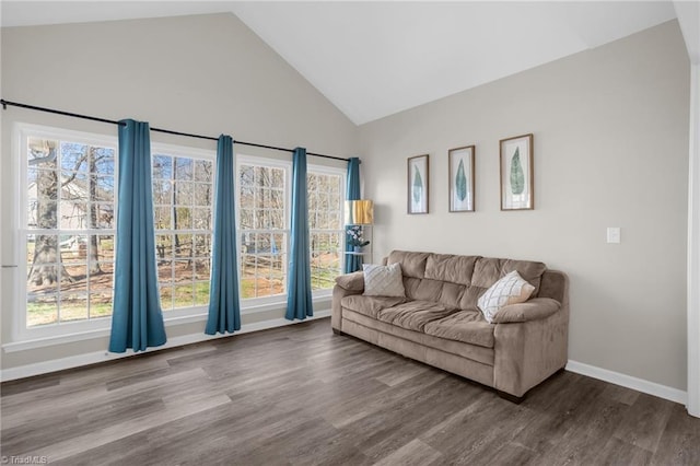 living room featuring baseboards, plenty of natural light, lofted ceiling, and wood finished floors