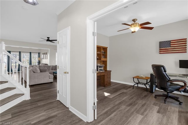 office space with wood finished floors, baseboards, and ceiling fan