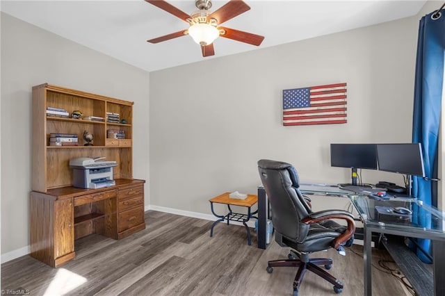 office space with ceiling fan, baseboards, and wood finished floors