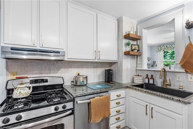 2065 Craig St, Winston-Salem, NC 27103 - kitchen featuring stainless steel appliances, under cabinet range hood, white cabinets, open shelves, and decorative backsplash
