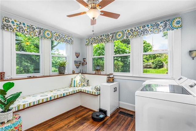 2065 Craig St, Winston-Salem, NC 27103 - washroom featuring independent washer and dryer, dark wood-style flooring, ceiling fan, and ornamental molding