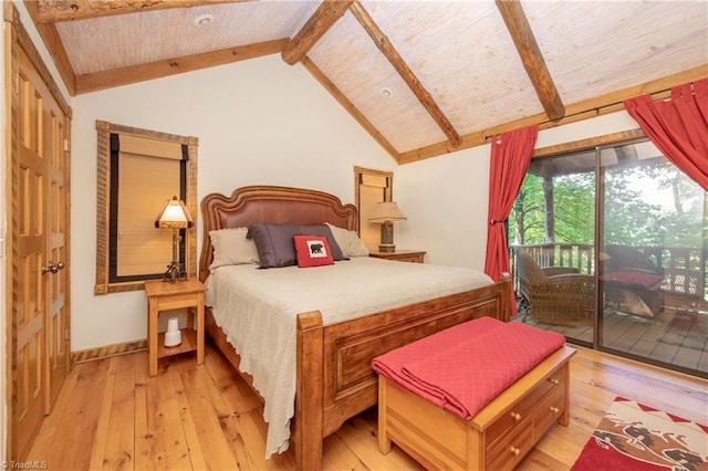 bedroom with access to outside, light hardwood / wood-style flooring, and vaulted ceiling with beams