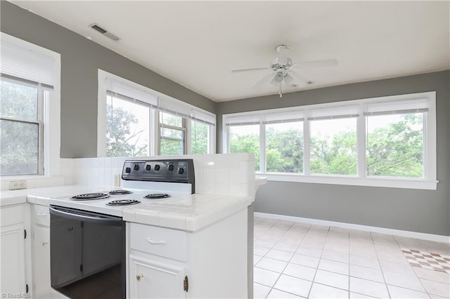 1025 W End Blvd, Winston-Salem, NC 27101 - kitchen featuring ceiling fan, range with electric stovetop, white cabinetry, and tile countertops