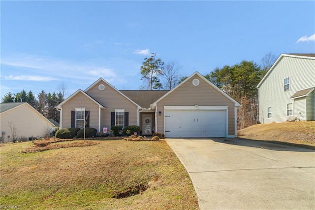 single story home featuring a front lawn, a garage, and driveway