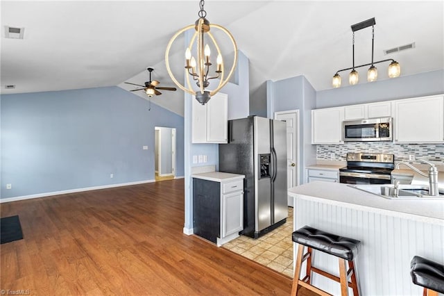 kitchen with visible vents, a sink, tasteful backsplash, white cabinetry, and appliances with stainless steel finishes