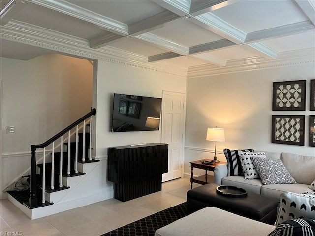 living room with crown molding, light tile patterned floors, and coffered ceiling