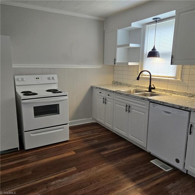 112 Kime St, Burlington, NC 27215 - kitchen featuring white appliances, a sink, dark wood-style flooring, crown molding, and white cabinetry