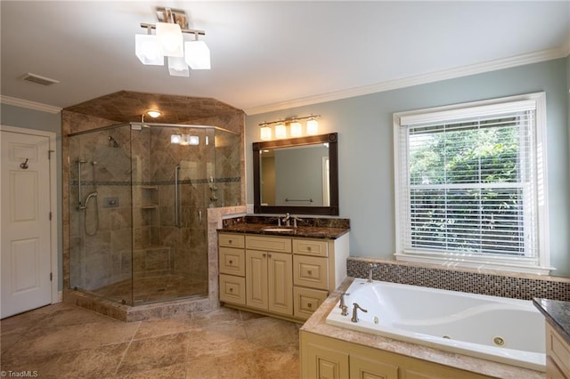 bathroom with vanity, plus walk in shower, and ornamental molding