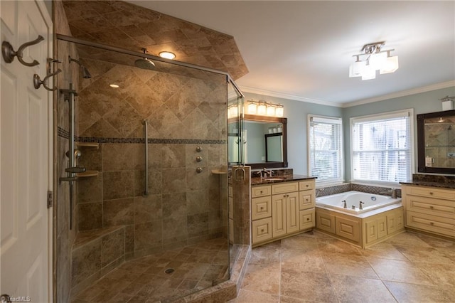 bathroom featuring tile patterned floors, vanity, crown molding, and shower with separate bathtub