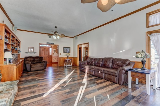 living room with a textured ceiling, ornamental molding, and dark wood-type flooring