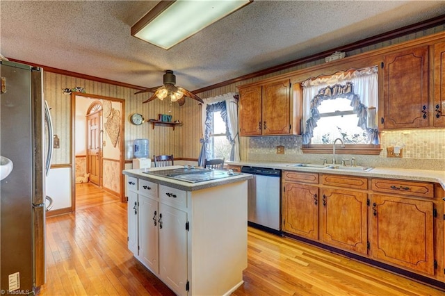 kitchen with sink, ceiling fan, light wood-type flooring, ornamental molding, and appliances with stainless steel finishes