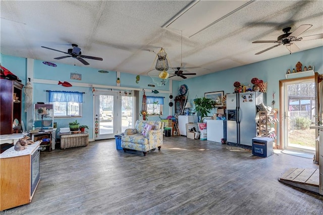 living room featuring a textured ceiling and dark wood-type flooring