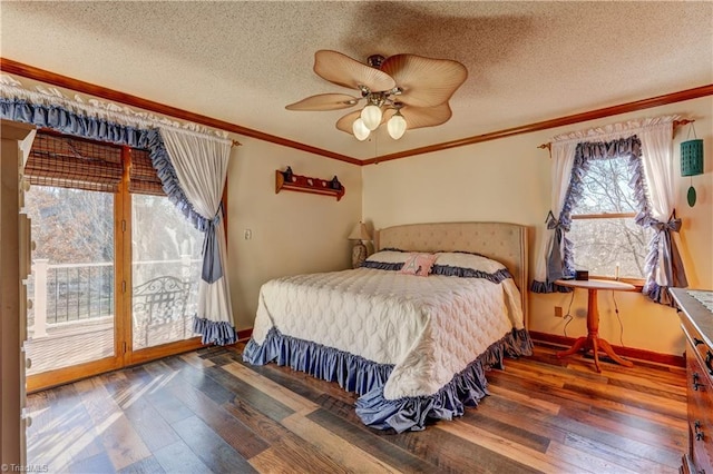 bedroom featuring ceiling fan, dark hardwood / wood-style floors, a textured ceiling, access to outside, and ornamental molding