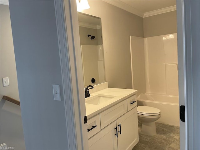 full bathroom with toilet, bathtub / shower combination, ornamental molding, and vanity