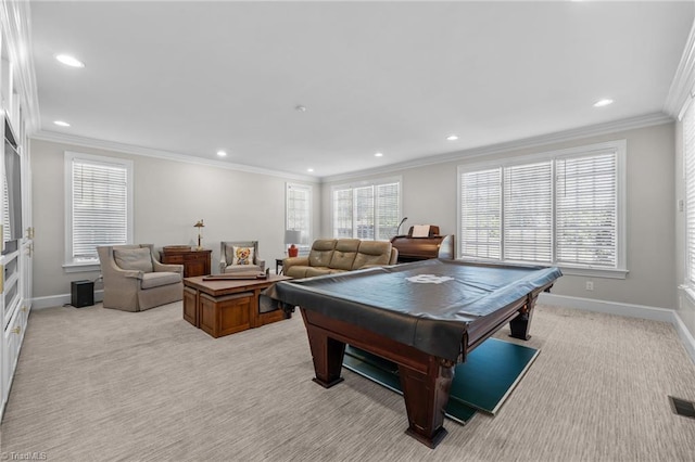 rec room featuring a wealth of natural light, ornamental molding, light carpet, and pool table