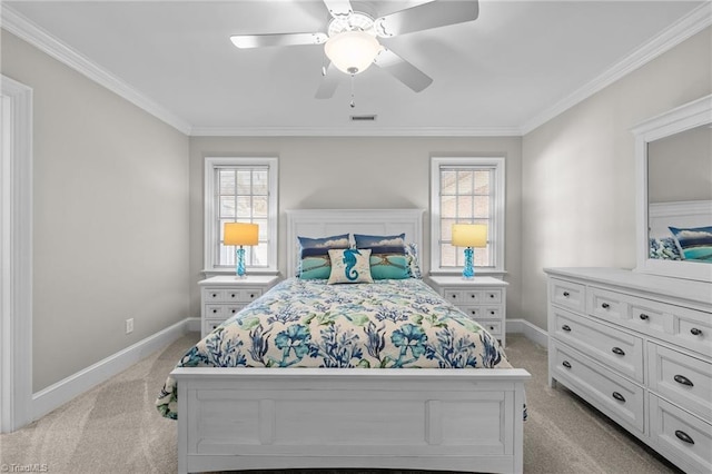 carpeted bedroom featuring multiple windows, crown molding, and ceiling fan