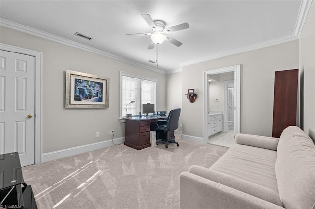 office space featuring light carpet, crown molding, and ceiling fan