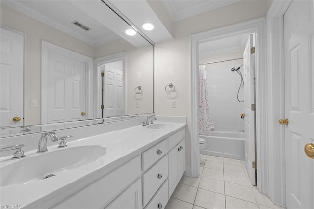 full bathroom featuring tile patterned floors, toilet, crown molding, vanity, and shower / bath combination with curtain