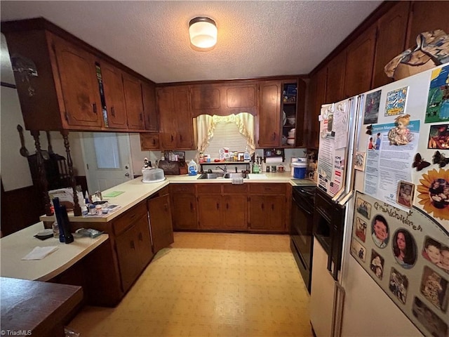 kitchen with dark brown cabinetry, sink, a textured ceiling, black range with electric cooktop, and white refrigerator with ice dispenser