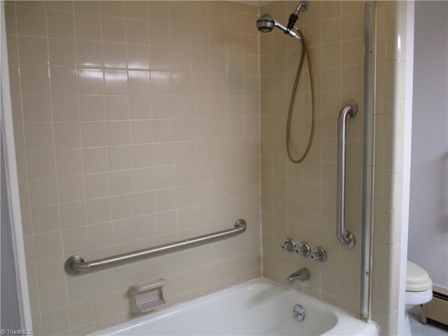 full bath with shower / tub combination, toilet, and a baseboard radiator
