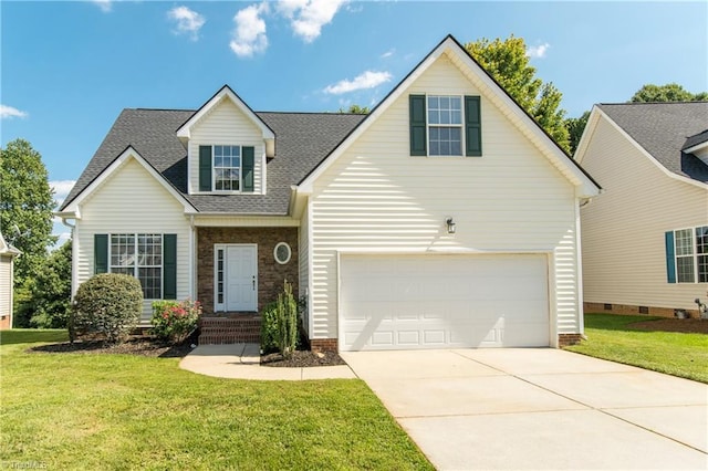 cape cod home featuring a garage and a front lawn