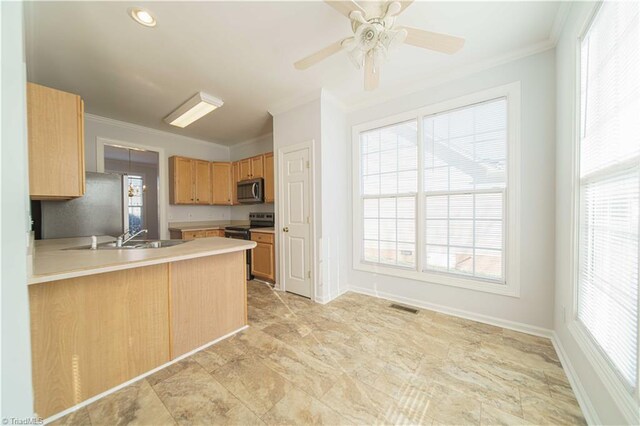 spare room featuring ceiling fan and crown molding